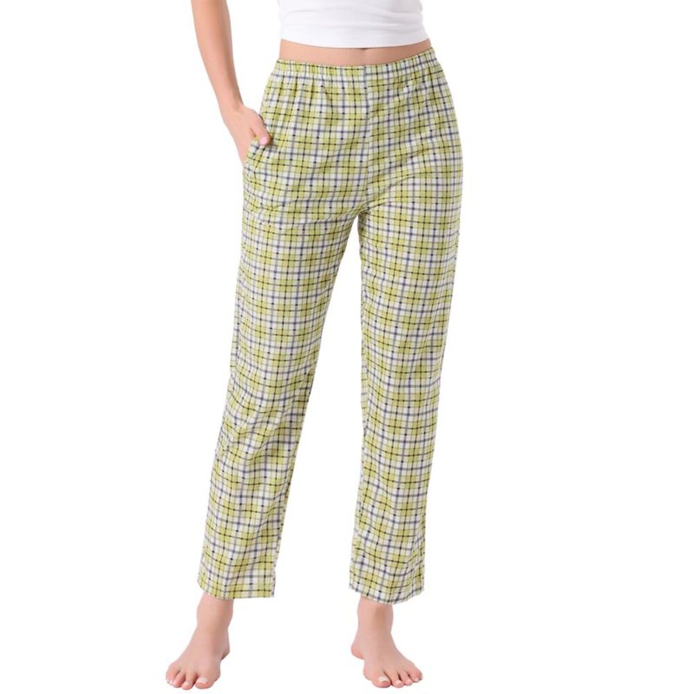 Womens Cotton Plaid Elastic Waist Pajama Bottoms with Pocket Yellow Plaid